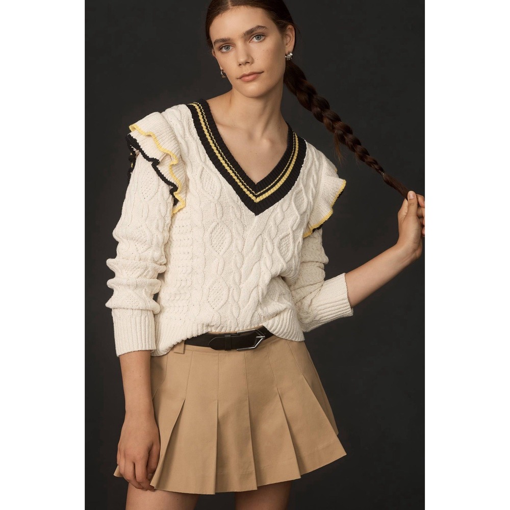Anthropologie Maeve Sweater Women's S Cable Knit Ruffle Shoulder V-Neck Preppy S